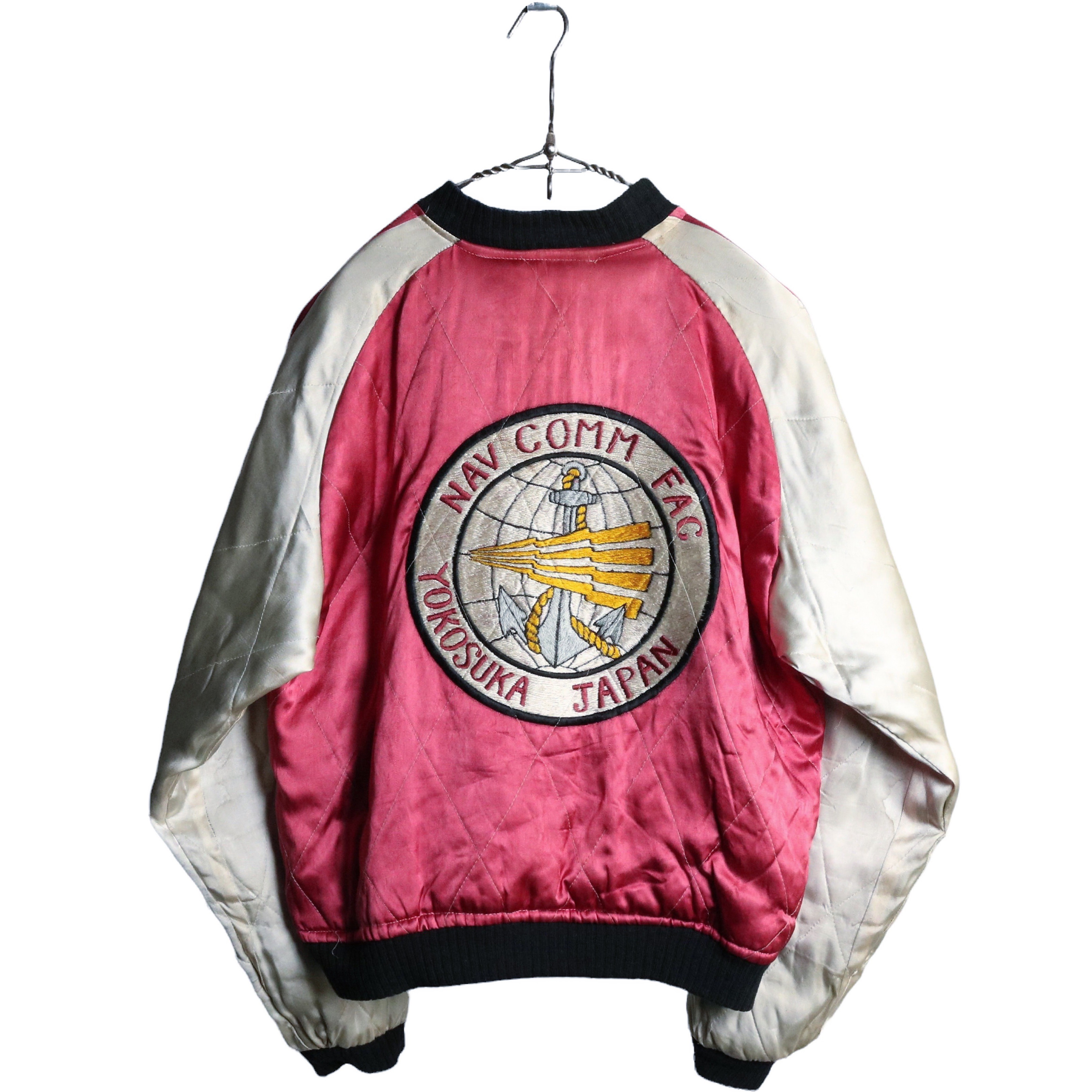 60s ヴィンテージ サテン スーベニアジャケット スカジャン NAVY刺繍 ブルー マスタード ピンク シルバー M程