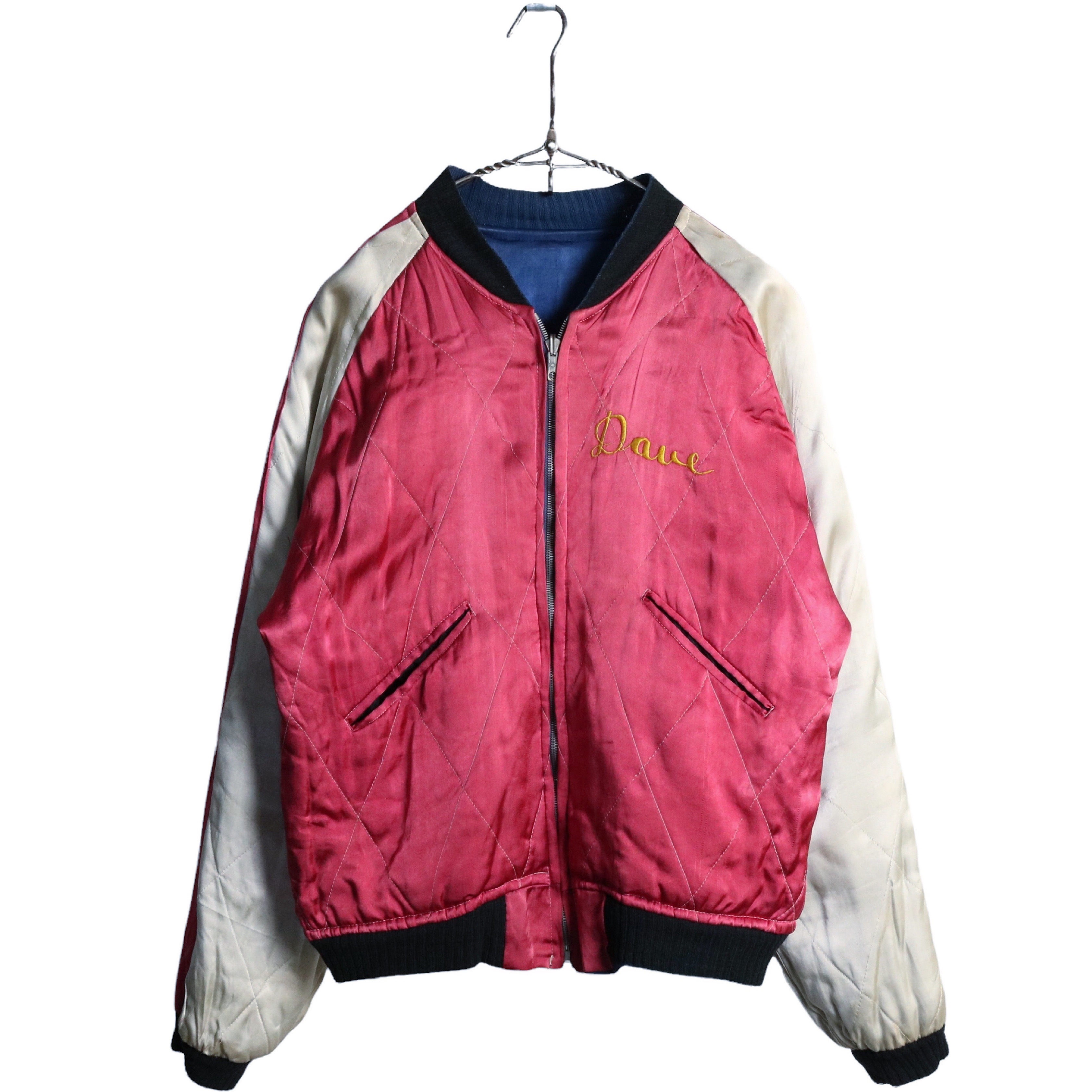 60s ヴィンテージ サテン スーベニアジャケット スカジャン NAVY刺繍 ブルー マスタード ピンク シルバー M程