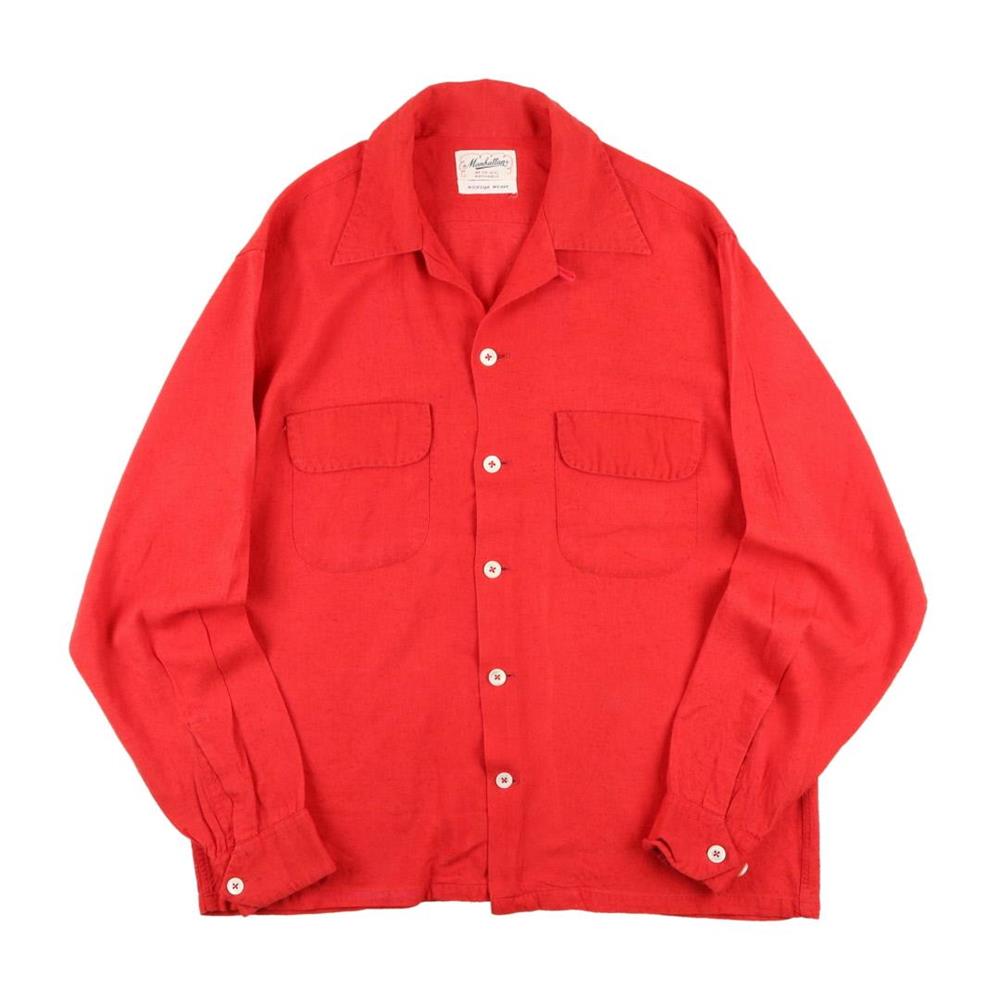 50s ヴィンテージ Manhattan マンハッタン ネップ 長袖 レーヨンシャツ 開襟 オープンカラー 袋襟 赤 レッド M