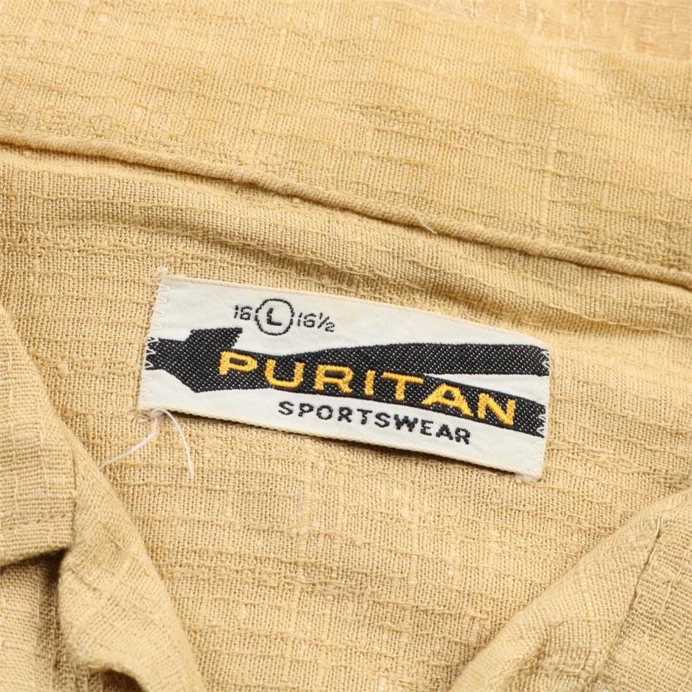 60s ヴィンテージ PURITAN ピューリタン L/S 長袖 レーヨン オープンカラーシャツ 織柄 開襟 刺繍 黄色系 イエロー系 L