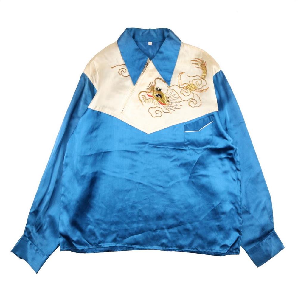 50s ヴィンテージ スーベニアシャツ スカシャツ サテン ハーフジップ プルオーバー 龍 刺繍 青 ブルー L ACORN BuySell  Vintage ONLINE ヴィンテージ古着屋の通販