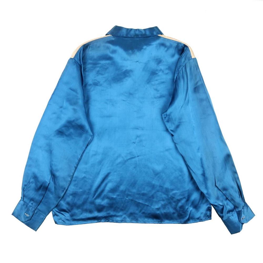 50s ヴィンテージ スーベニアシャツ スカシャツ サテン ハーフジップ プルオーバー 龍 刺繍 青 ブルー L