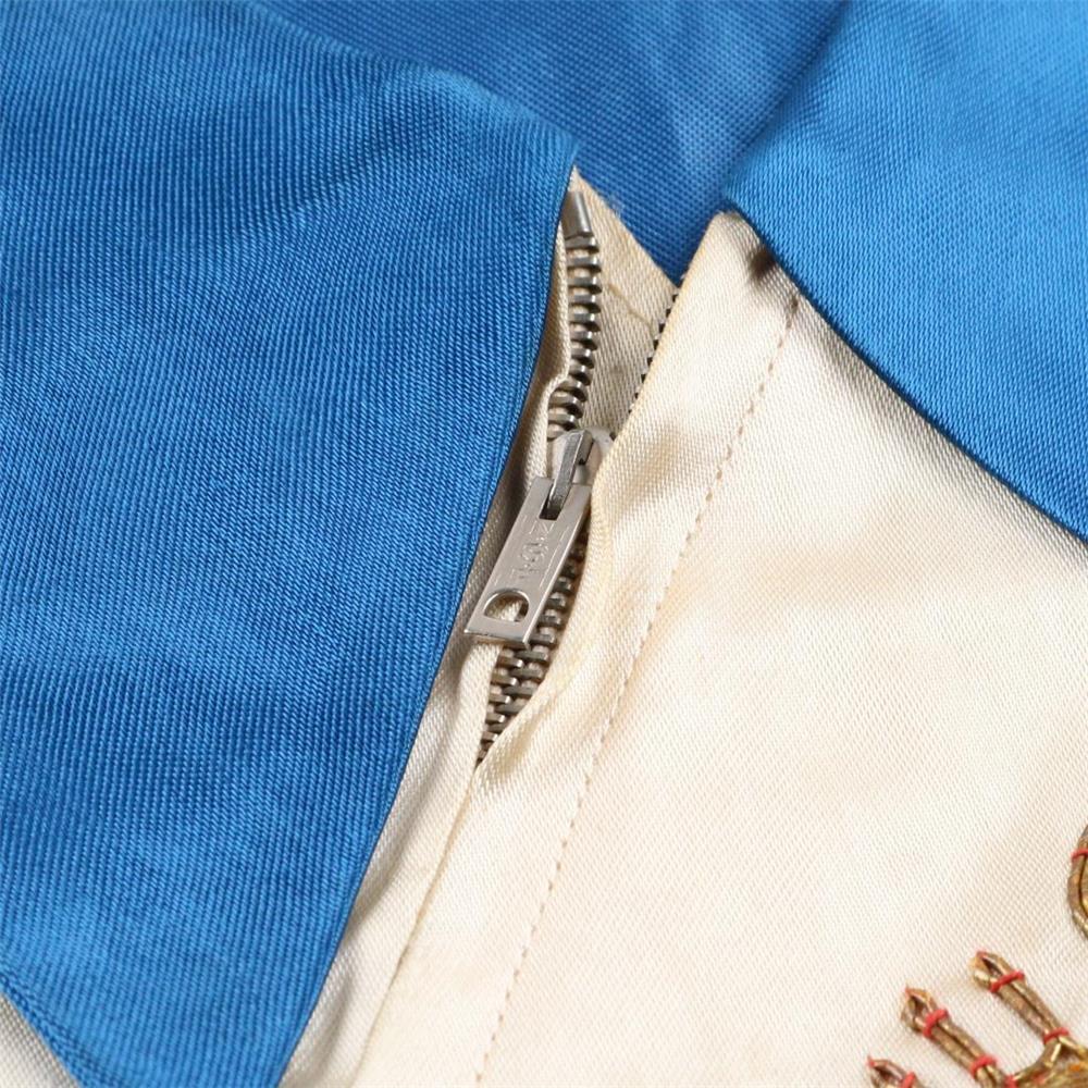50s ヴィンテージ スーベニアシャツ スカシャツ サテン ハーフジップ プルオーバー 龍 刺繍 青 ブルー L