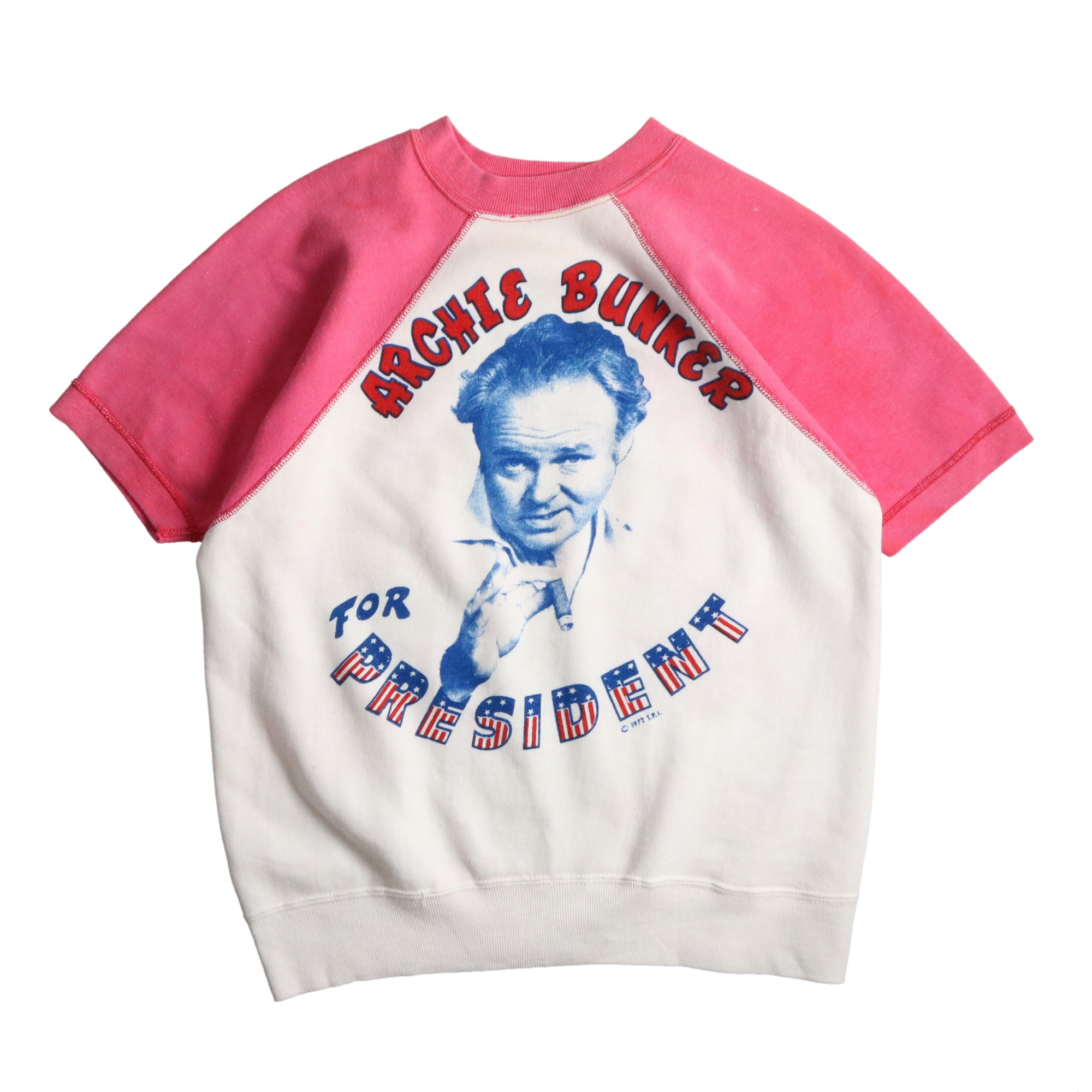 60s ヴィンテージ Archie Bunker アーチバンカー S/S 半袖 スウェット シャツ 染込みプリント 白 ホワイト 桃 ピンク