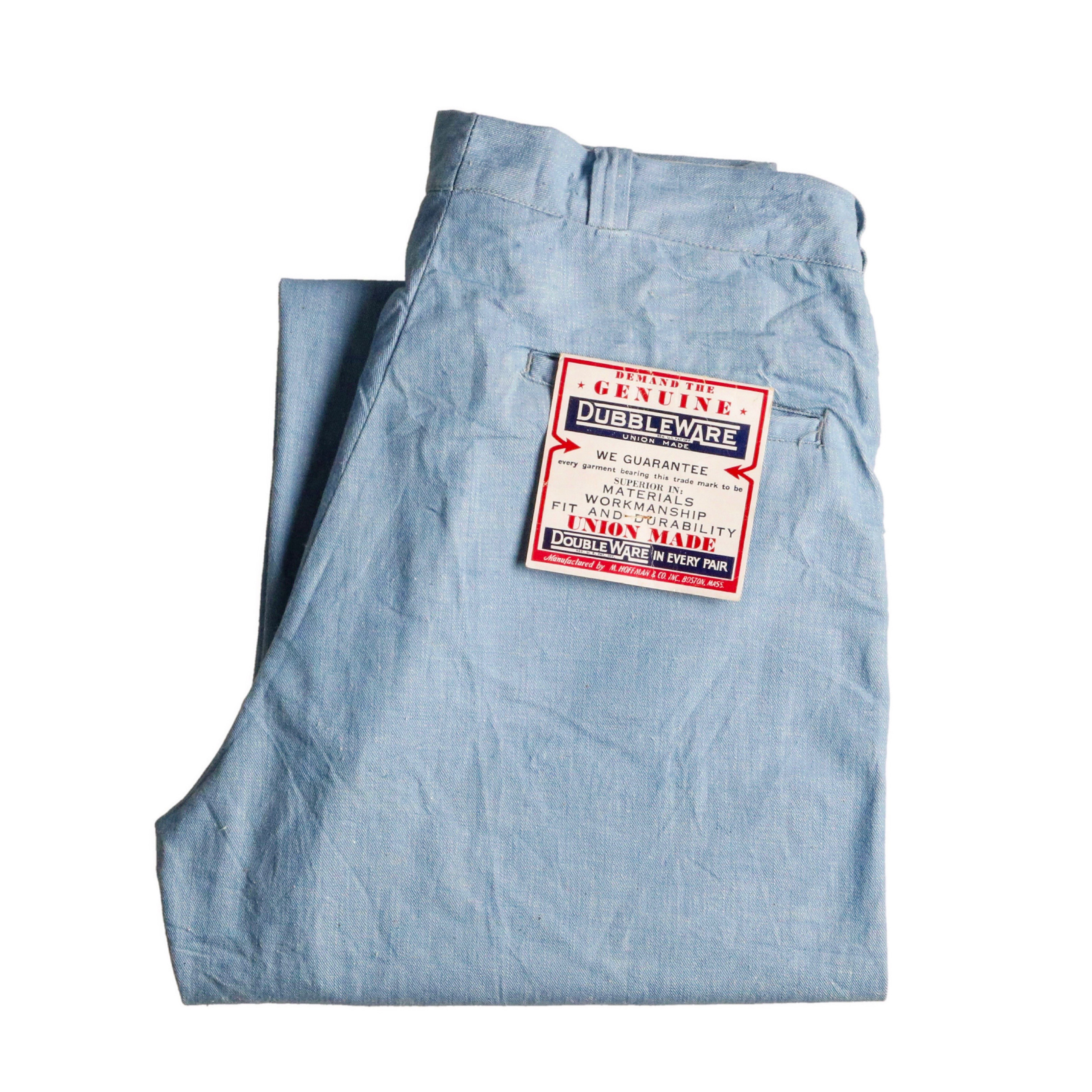 50s ヴィンテージ DUBBLE WEAR ダブルウェア ワークパンツ フラッシャー付き ボタンフライ サックスブルー 水色 W31L27