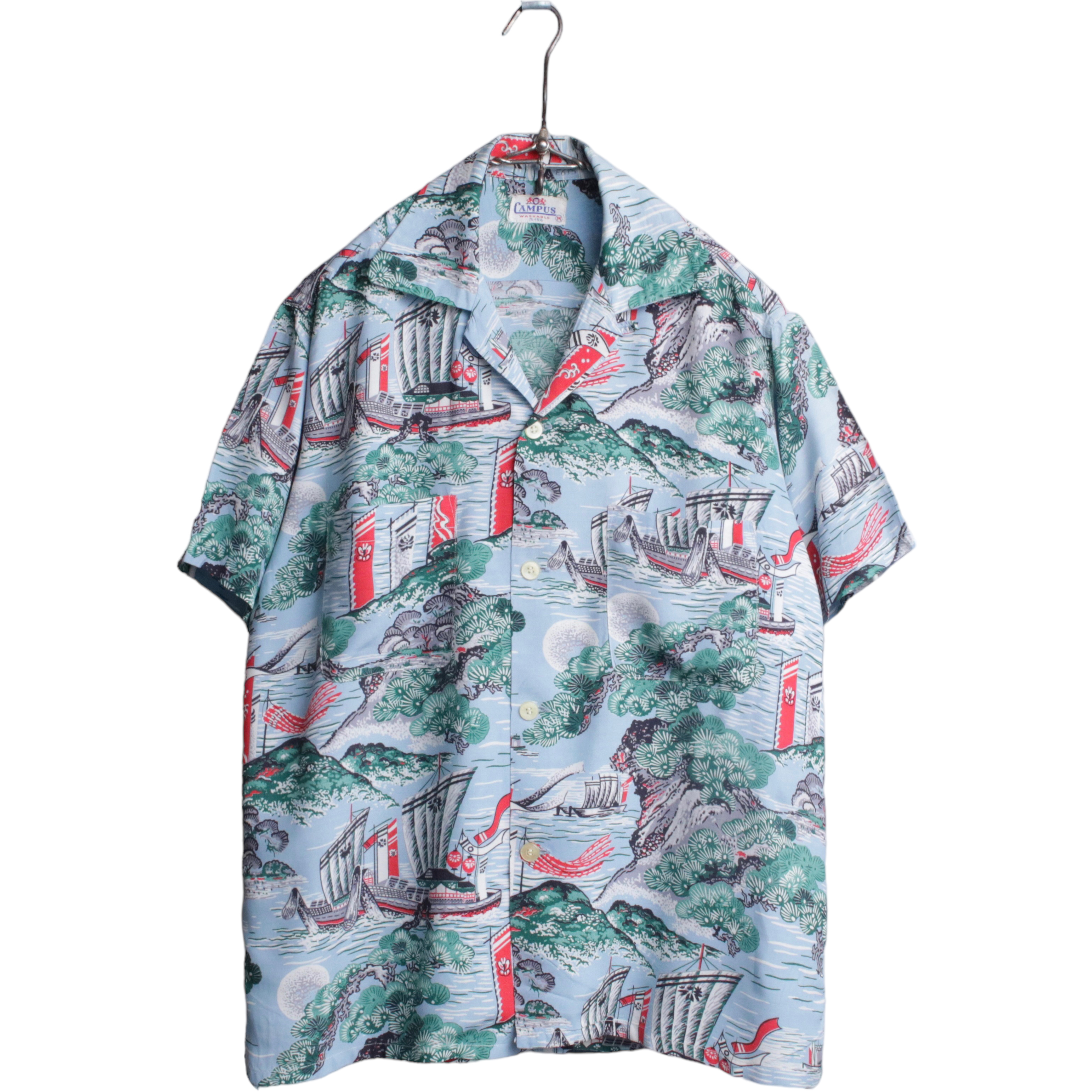 QUIKSILVER 総柄 オープンカラー レーヨン ハワイアンアロハシャツ USA製 メンズXL /eaa340750レッド系赤色マルチカラー柄