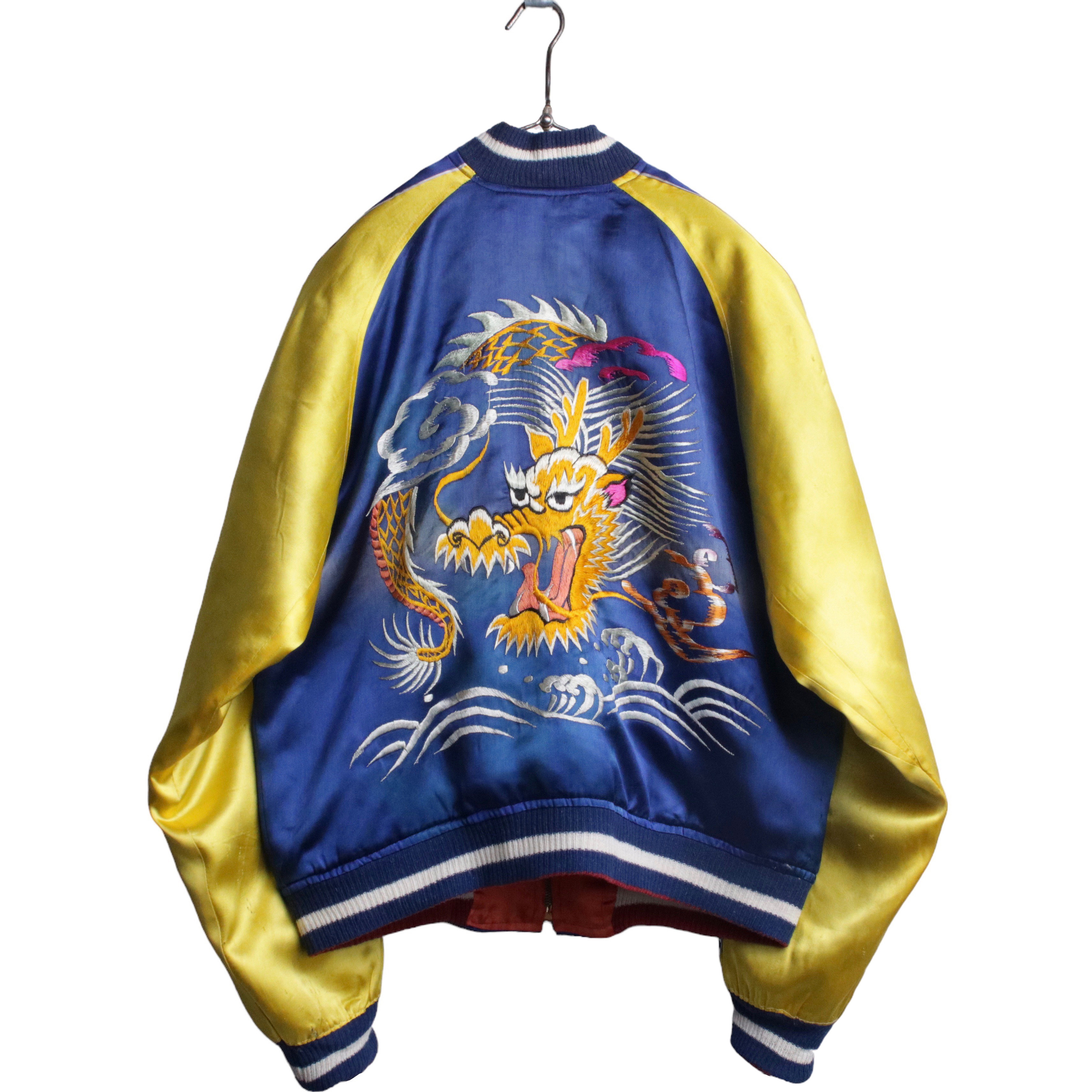 50s Japan スーベニアジャケット スカジャン 顔龍刺繍 青 オレンジ L程