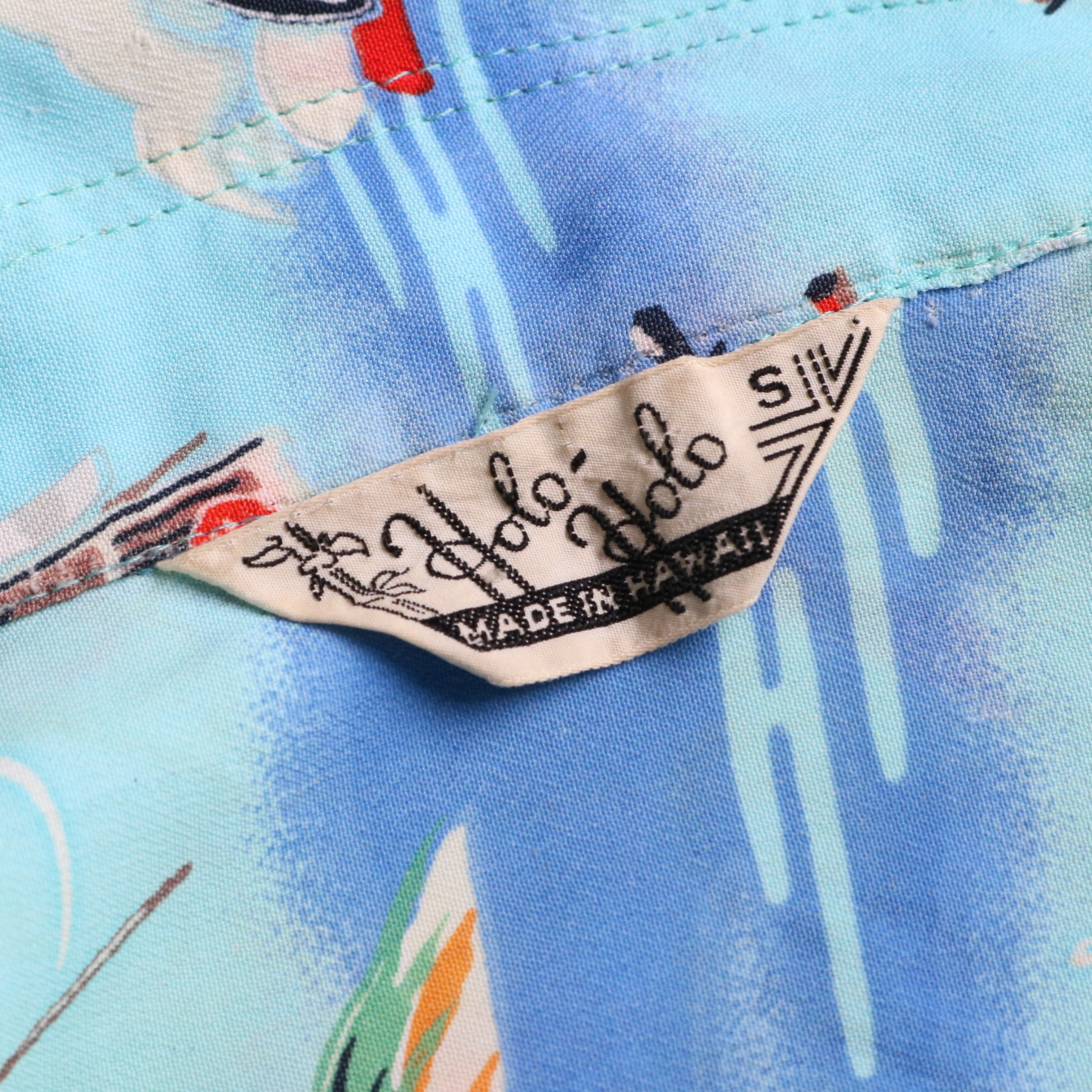 50s ヴィンテージ HoloHolo ホロホロ ワンプカプカ 縮緬 ハワイアンシャツ アロハ 袋襟 開襟 オープンカラー サックスブルー S