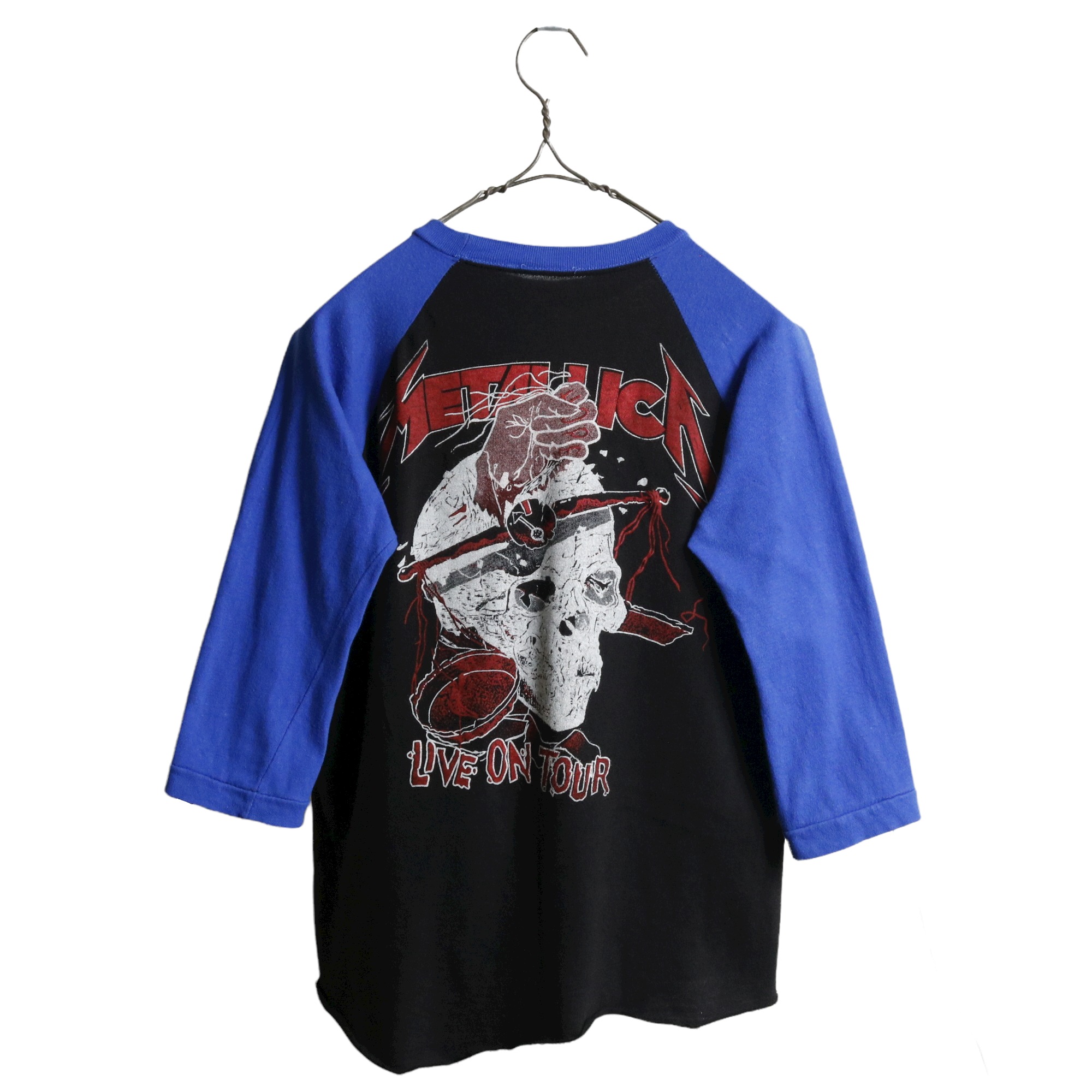 80s ヴィンテージ METALLICA メタリカ バンド Tシャツ バンT ラグラン パキ綿 黒 ブラック 青 ブルー M程 / ACORN