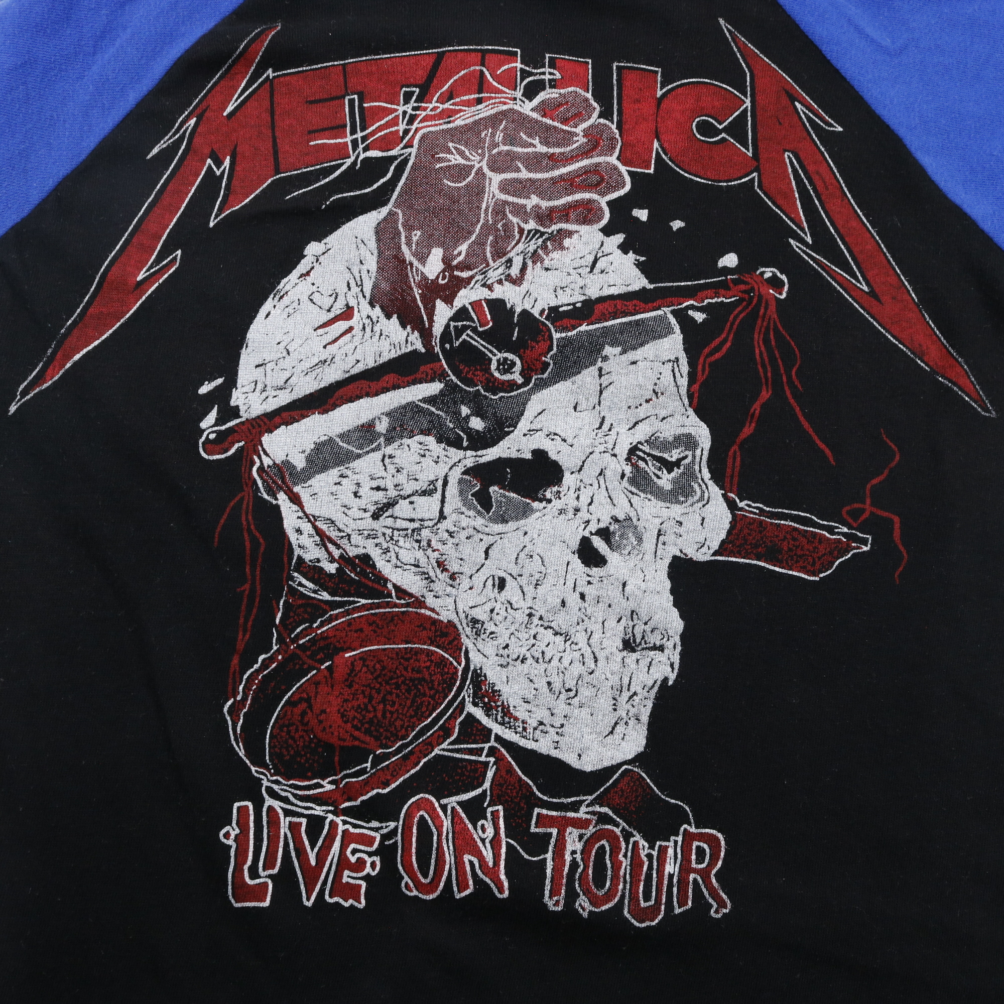 80s ヴィンテージ METALLICA メタリカ バンド Tシャツ バンT ラグラン パキ綿 黒 ブラック 青 ブルー M程