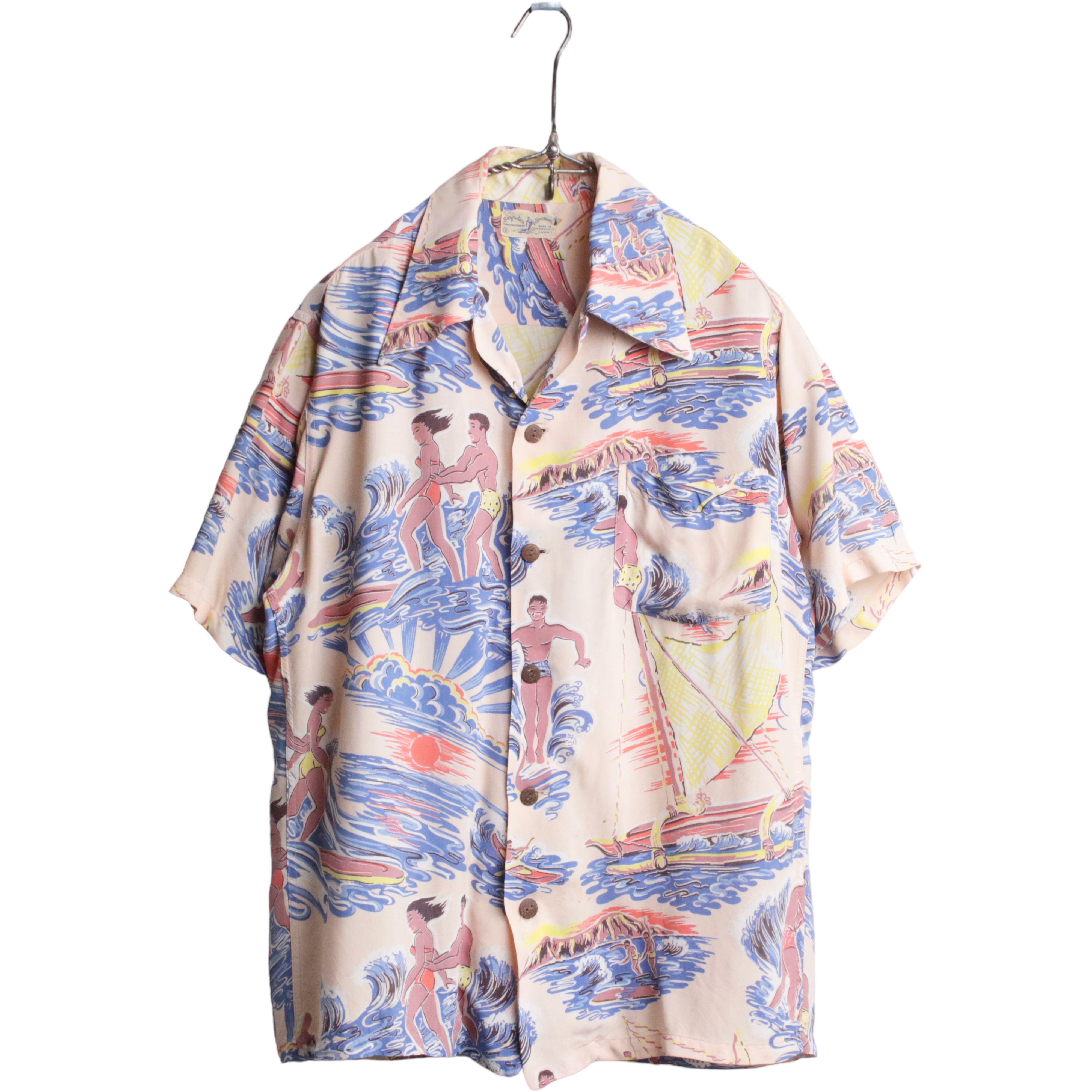 50s Surfriders Sportswear レーヨンハワイアンシャツ 袋襟 made in HONOLULU Hawaii S