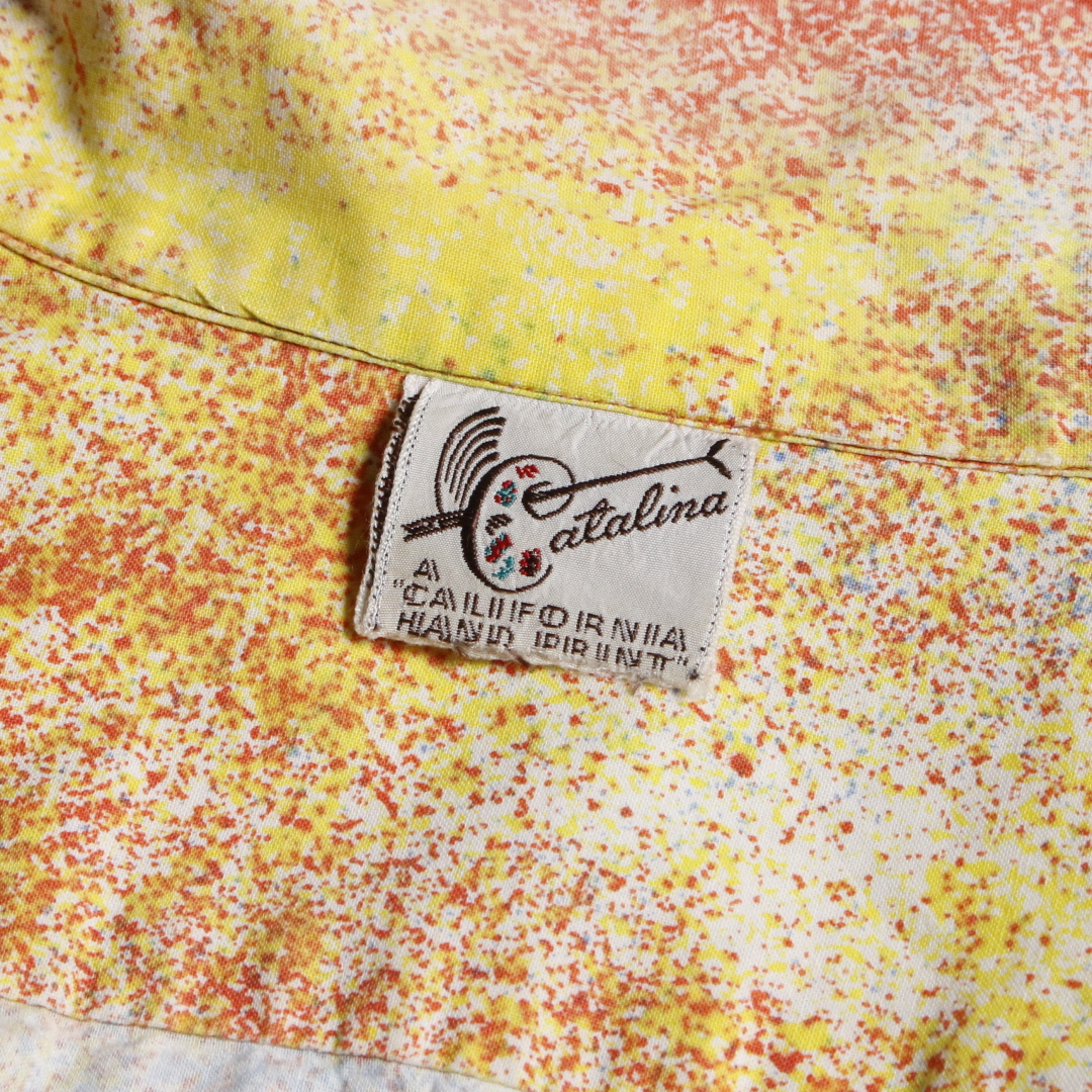 50s Catalina カタリナ コットンハワイアンシャツ ハンドプリント 袋襟 L