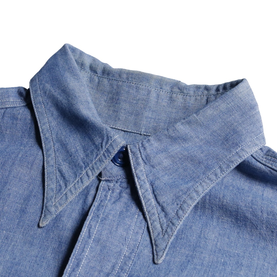 40s50s オリジナル半袖 シャンブレーシャツ マチ付き ダブル襟 ロングポイント ステンシル 15-15 1/2程