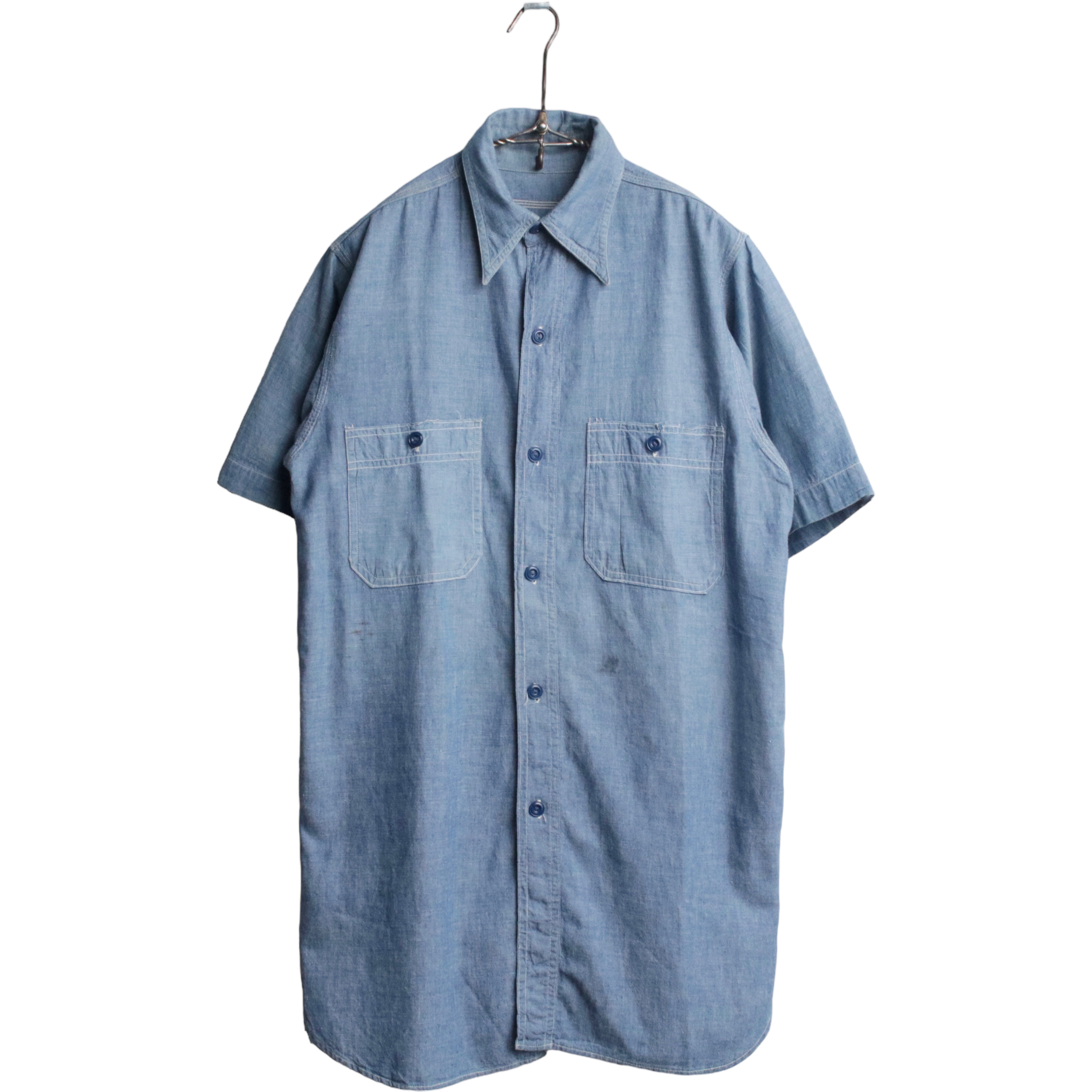 40s50s オリジナル半袖 シャンブレーシャツ マチ付き ダブル襟 ロングポイント ステンシル 15-15 1/2程