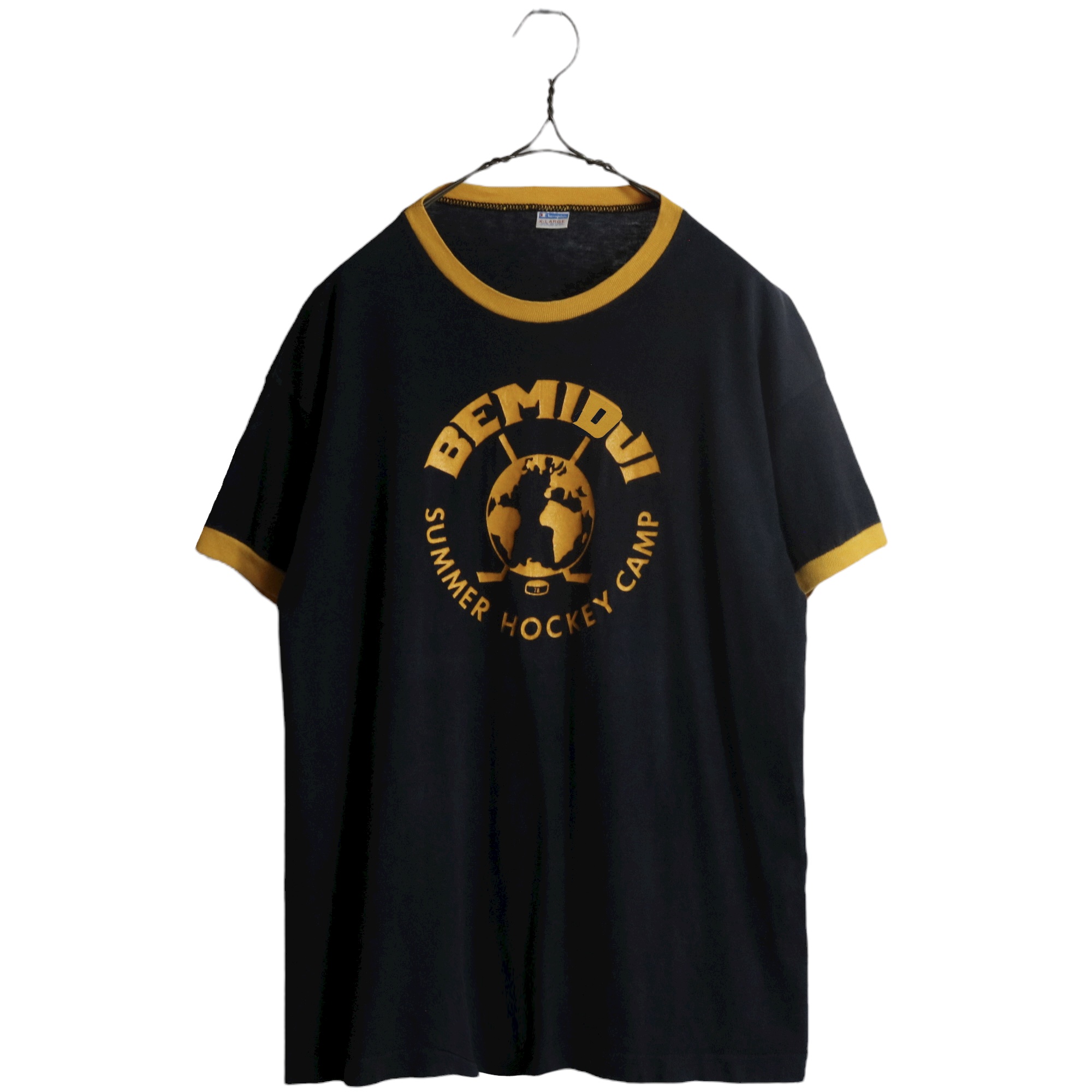 70s ヴィンテージ Champion チャンピオン リンガー Tシャツ バータグ 黒×黄 ブラック イエロー XL