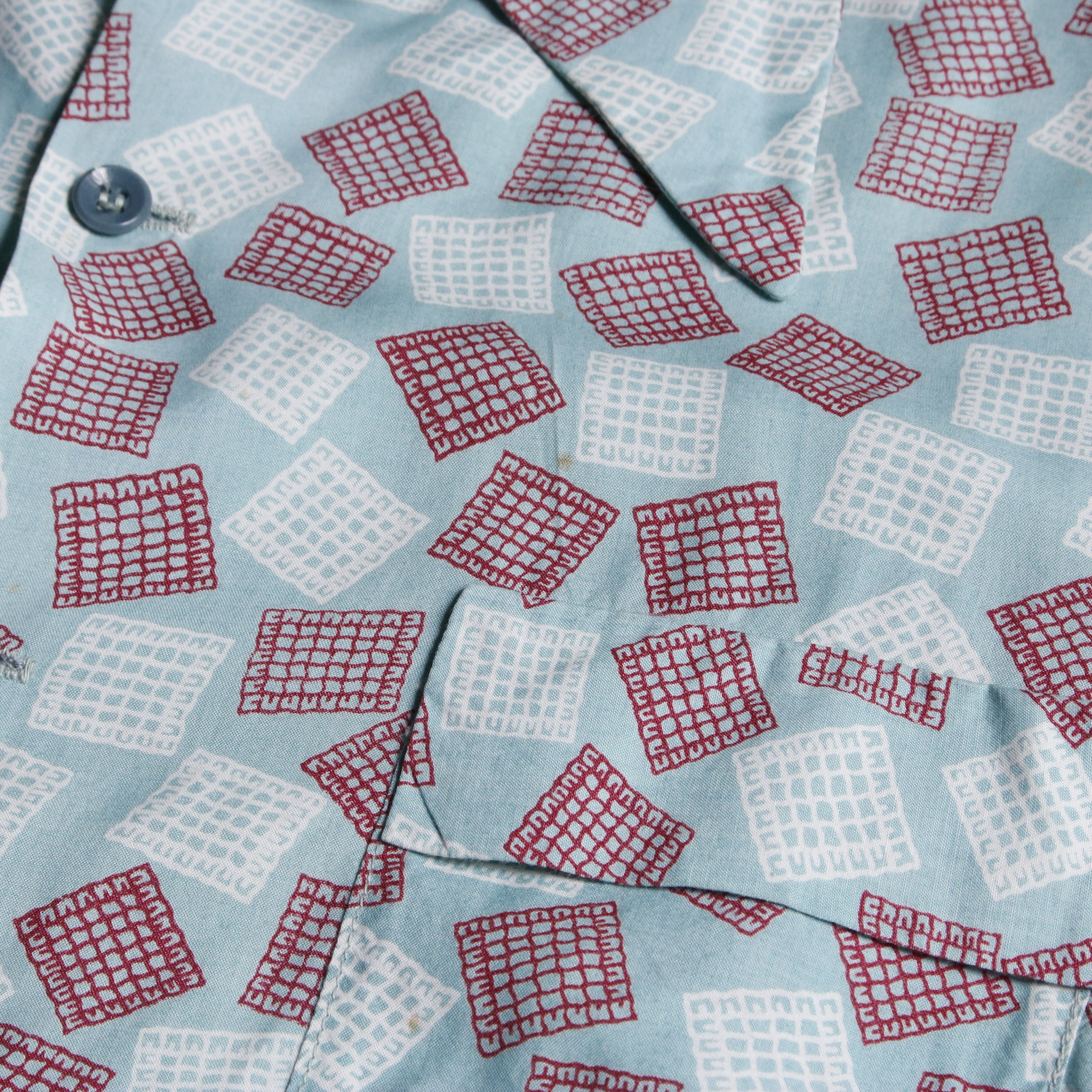 50s Bercktown レーヨンシャツ アトミック柄 幾何学 総柄 袋襟 ロングポイント フラップポケット M
