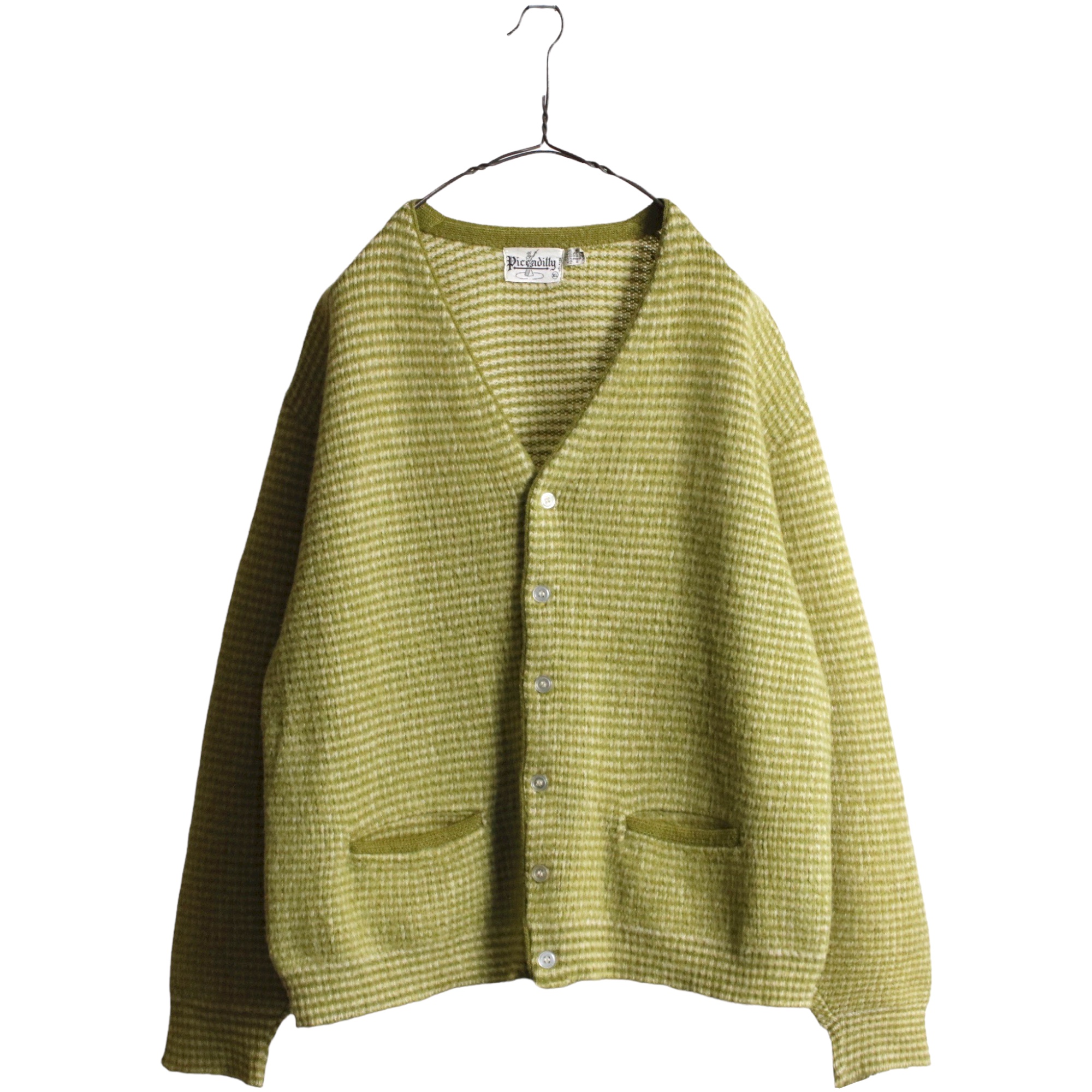 70s ヴィンテージ Piccadilly ピカデリー モヘアカーディガン ポケット付き 総柄 ライトグリーン 黄緑 XL