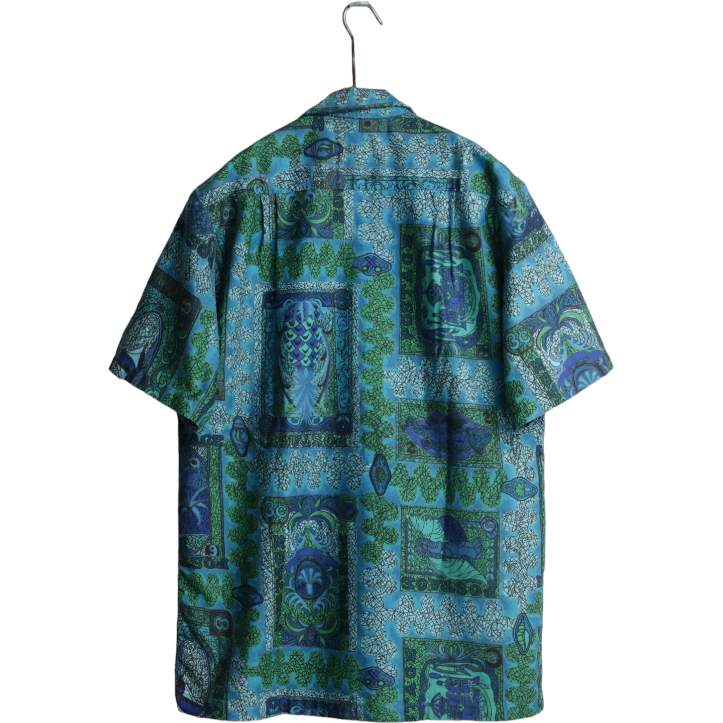60s ANDRADE コットン ハワイアンシャツ アロハシャツ ープンカラー 総柄 緑 青 M程
