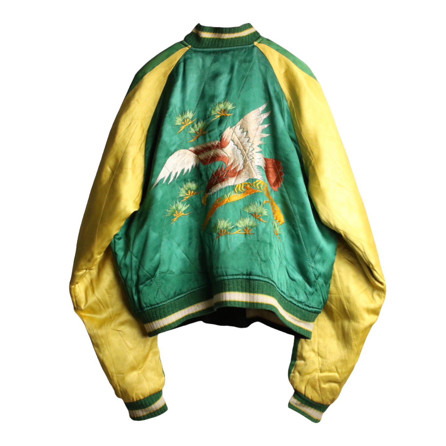 50s JAPAN スーベニアジャケット スカジャン 龍虎 刺繍 サテン 黒 緑 S程